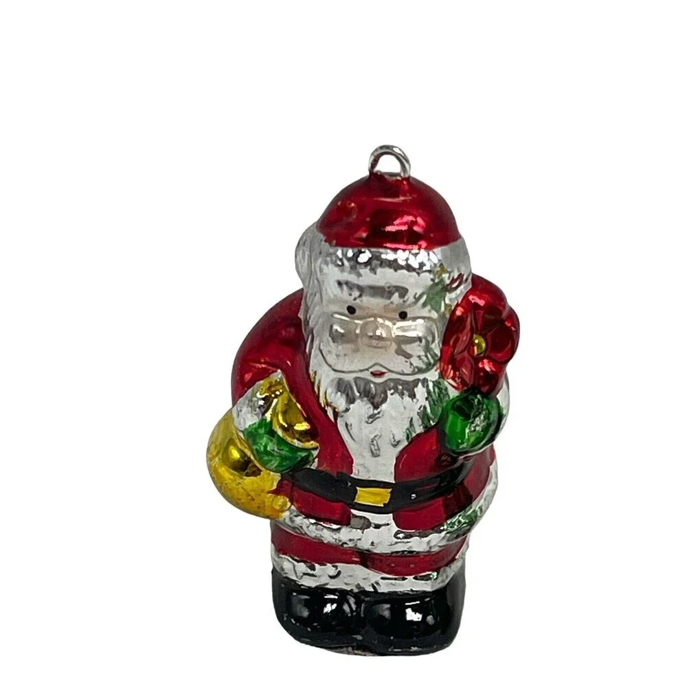 Vintage Glass Santa Holding Doll and Gifts Tree  Penguin Metallic Paint